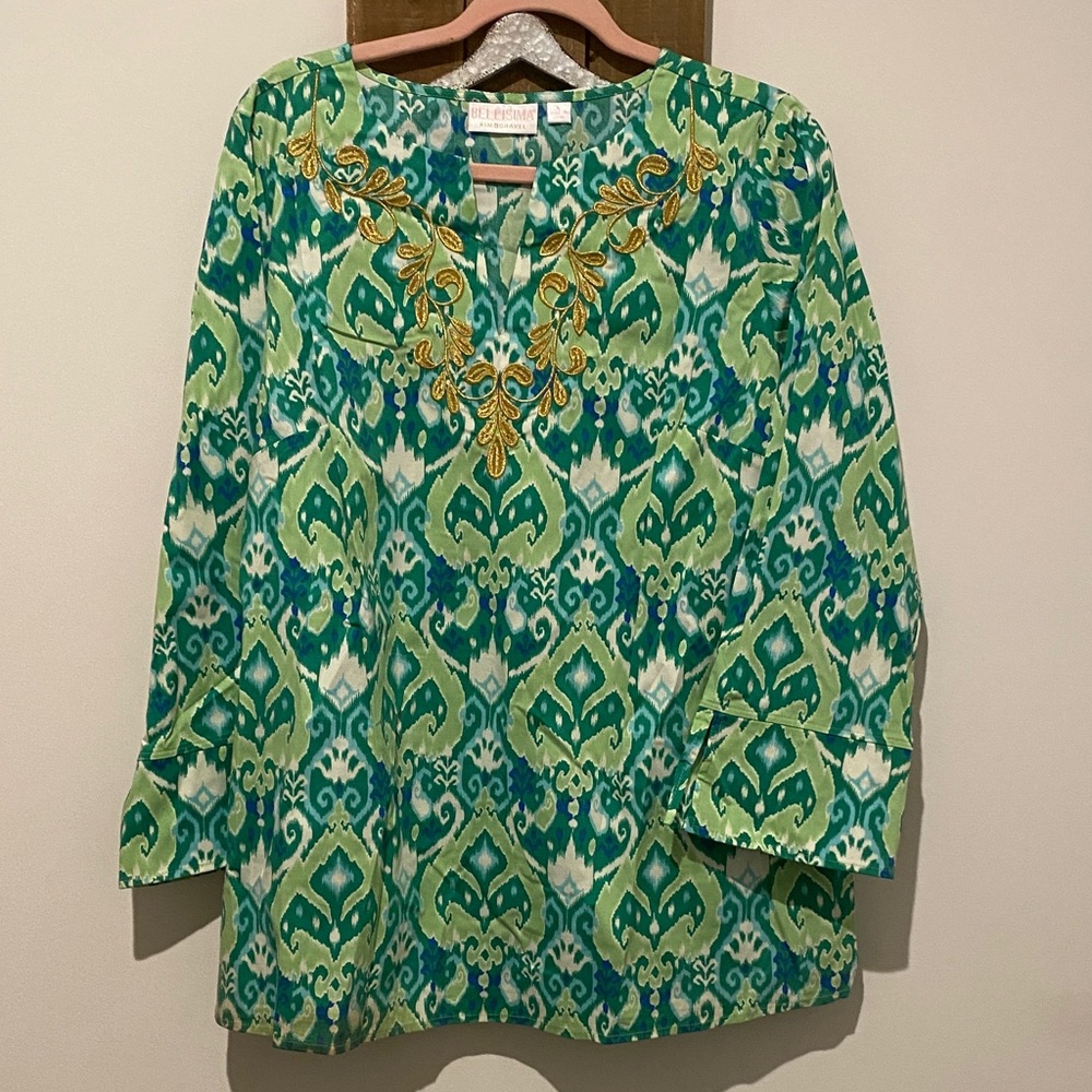 Elegant Green and Blue Tunic with Gold Accents